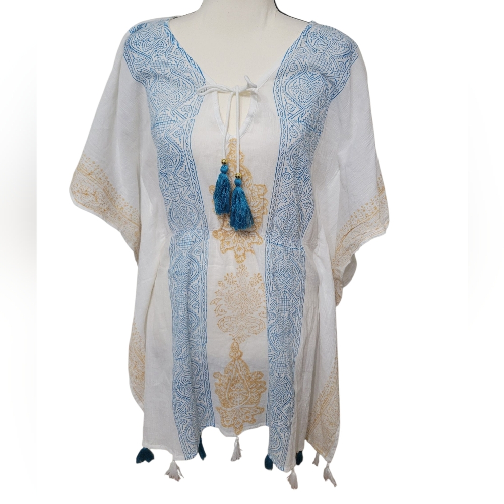 AMIANI Blue and Gold Women's Swim Cover-Up Algodon Cotton Sz S/M